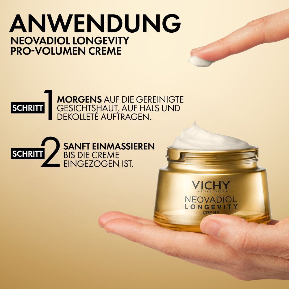 Anwendung von Vichy Neovadiol Longevity Pro-Volumen Creme auf Gesicht, Hals und Dekolleté.