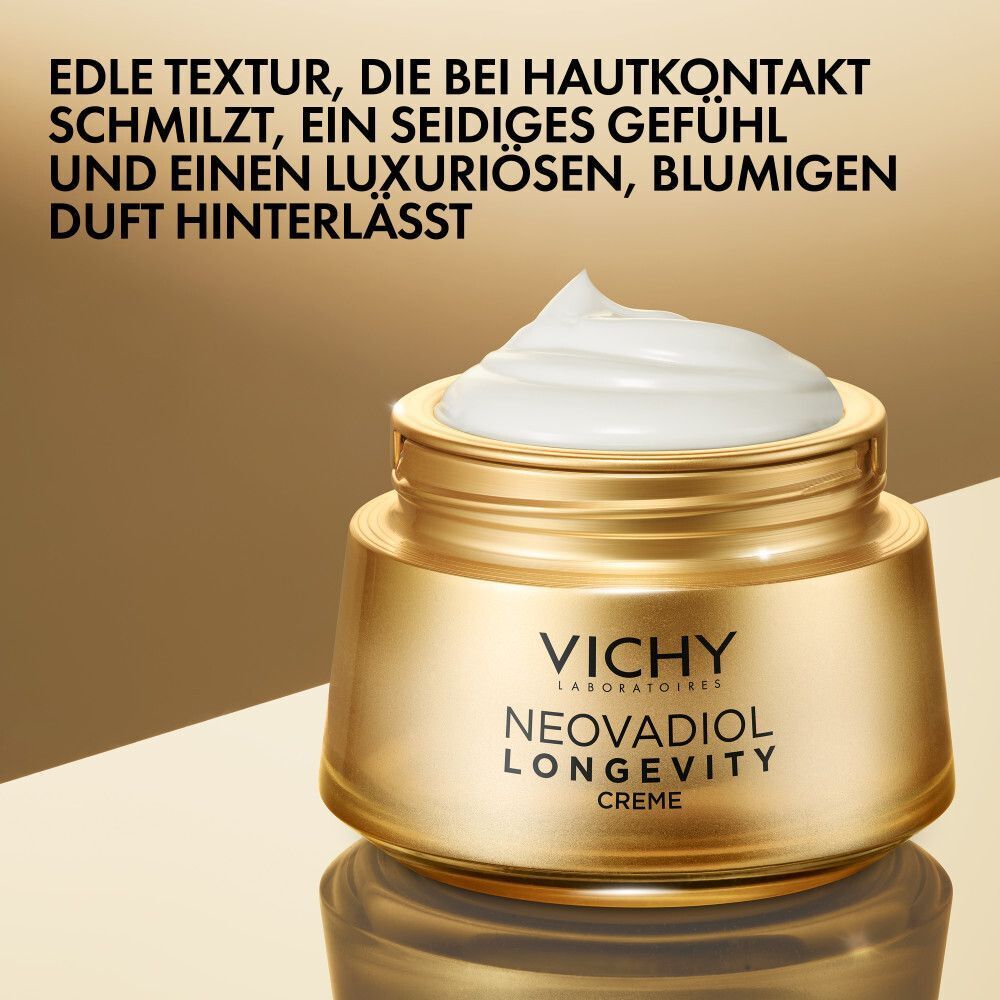 Goldener Tiegel mit Vichy Neovadiol Longevity Creme und cremiger Textur.