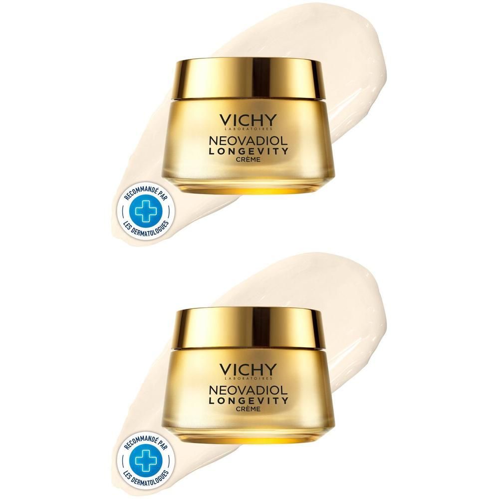 Zwei Vichy Neovadiol Longevity Pro-Volumen Cremetiegel mit goldenem Deckel, auf weißem Cremeschleier.