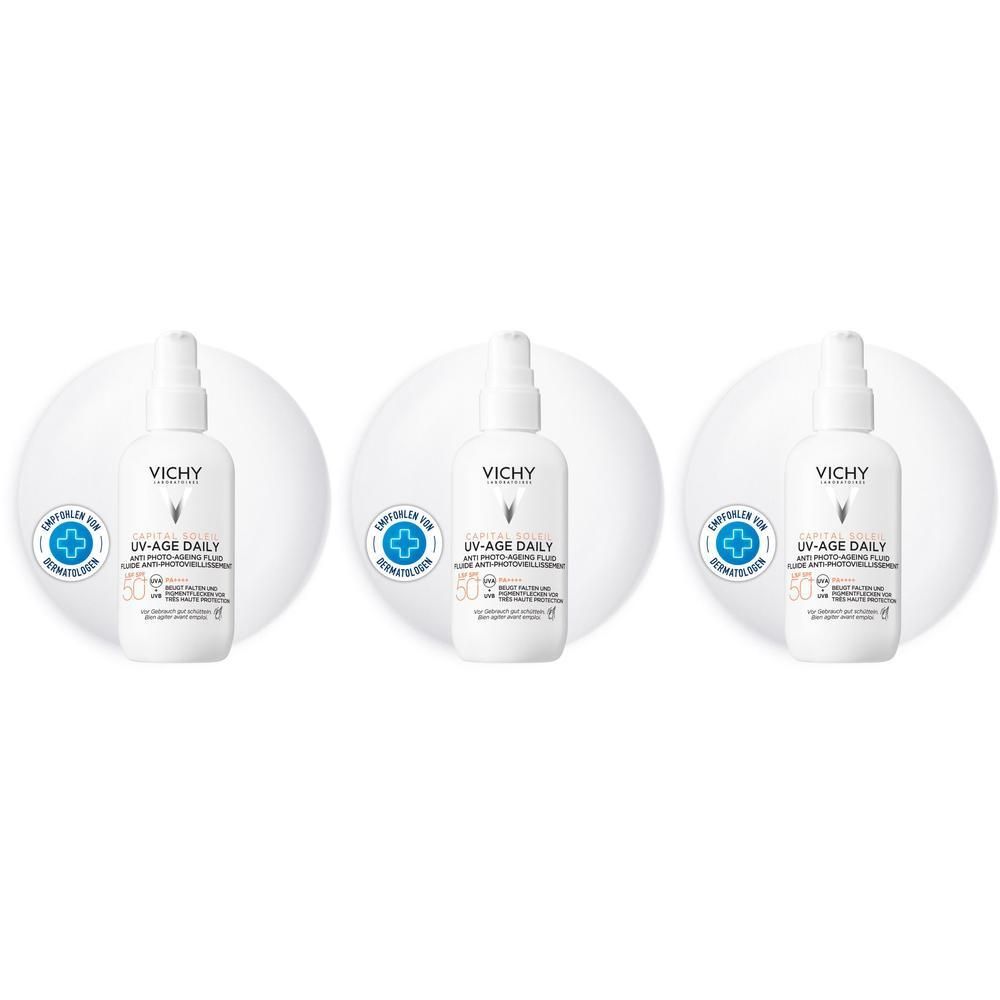 Drei Vichy Capital Soleil UV-Age Daily LSF 50+ Flaschen mit Pumpspender.