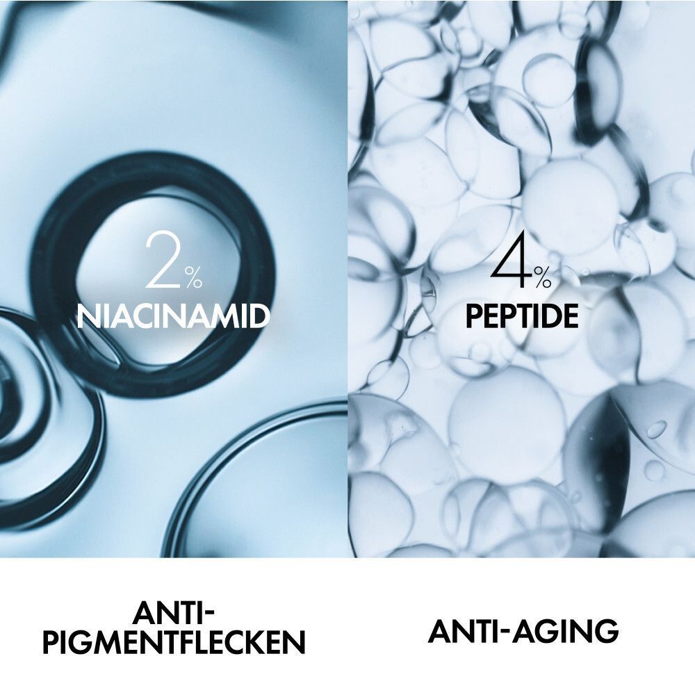 Nahaufnahme von 2% Niacinamid und 4% Peptid-Inhaltsstoffen für Anti-Pigmentflecken und Anti-Aging.