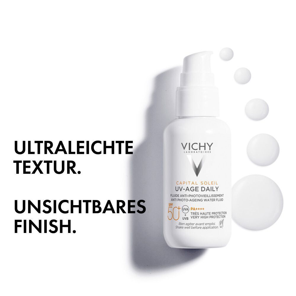 Vichy Capital Soleil UV-Age Daily LSF 50+ Flasche mit Pumpspender und Tropfen, die die Textur zeigen.
