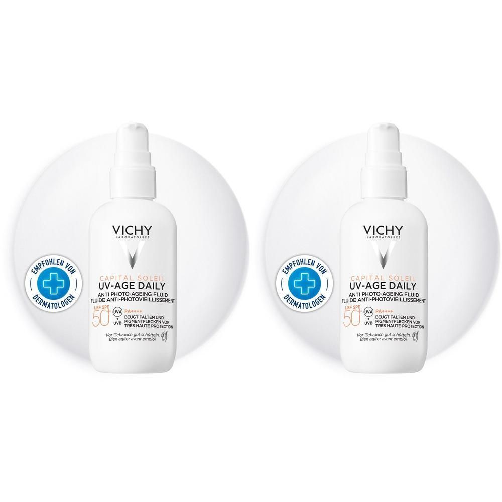 Zwei Vichy Capital Soleil UV-Age Daily LSF 50+ Flaschen mit Pumpspender. Dermatologisch getestet.