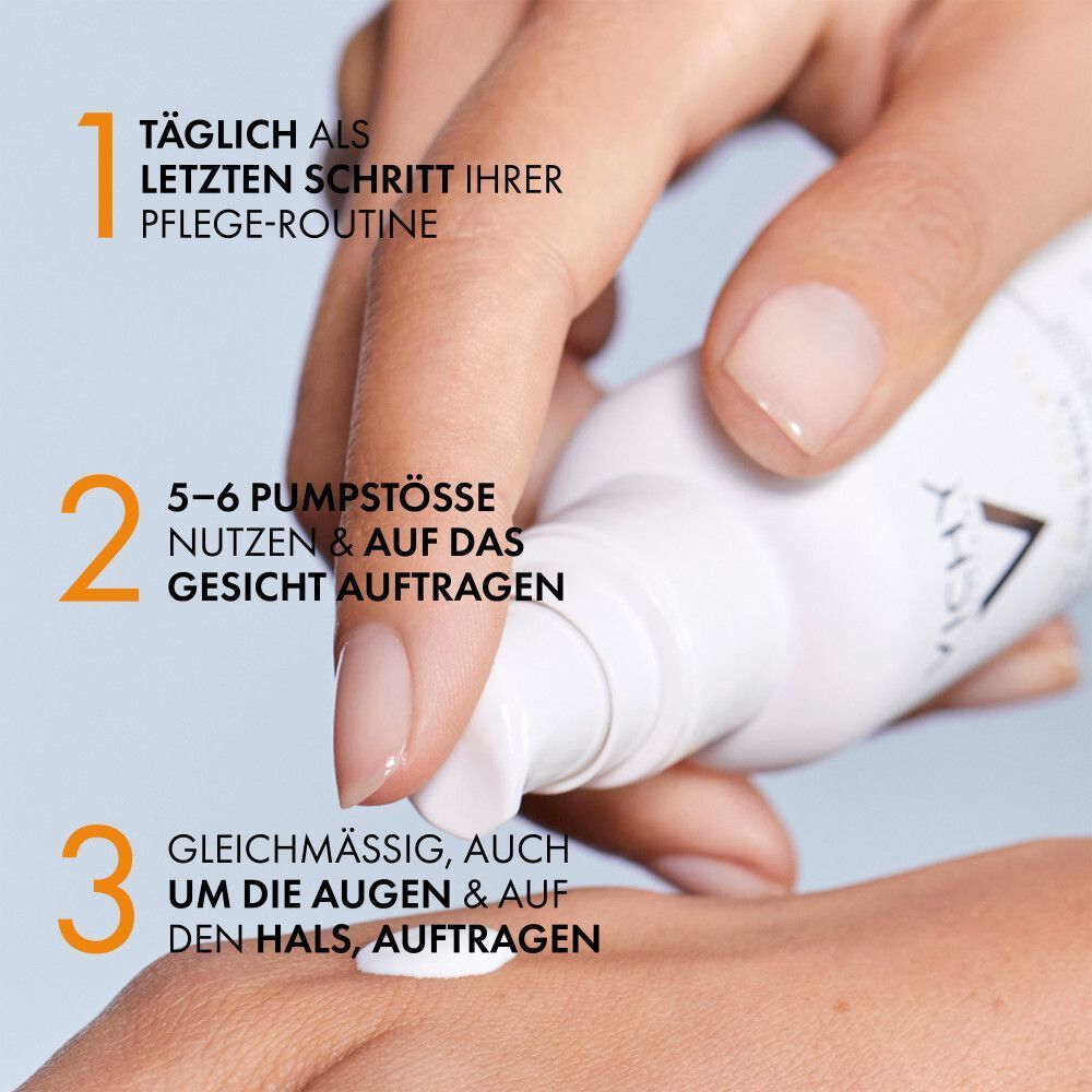 Anwendungsschritte: Als letzter Pflegeschritt, 5-6 Pumpstöße auftragen, auch auf Hals.