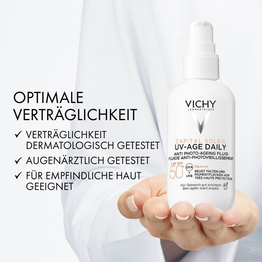 Vichy Capital Soleil UV-Age Daily LSF 50+ in einer Hand. Dermatologisch und augenärztlich getestet.