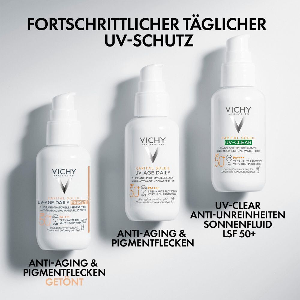 Drei Vichy Capital Soleil Sonnenschutzflüssigkeiten: getönt, Anti-Aging, Anti-Unreinheiten.
