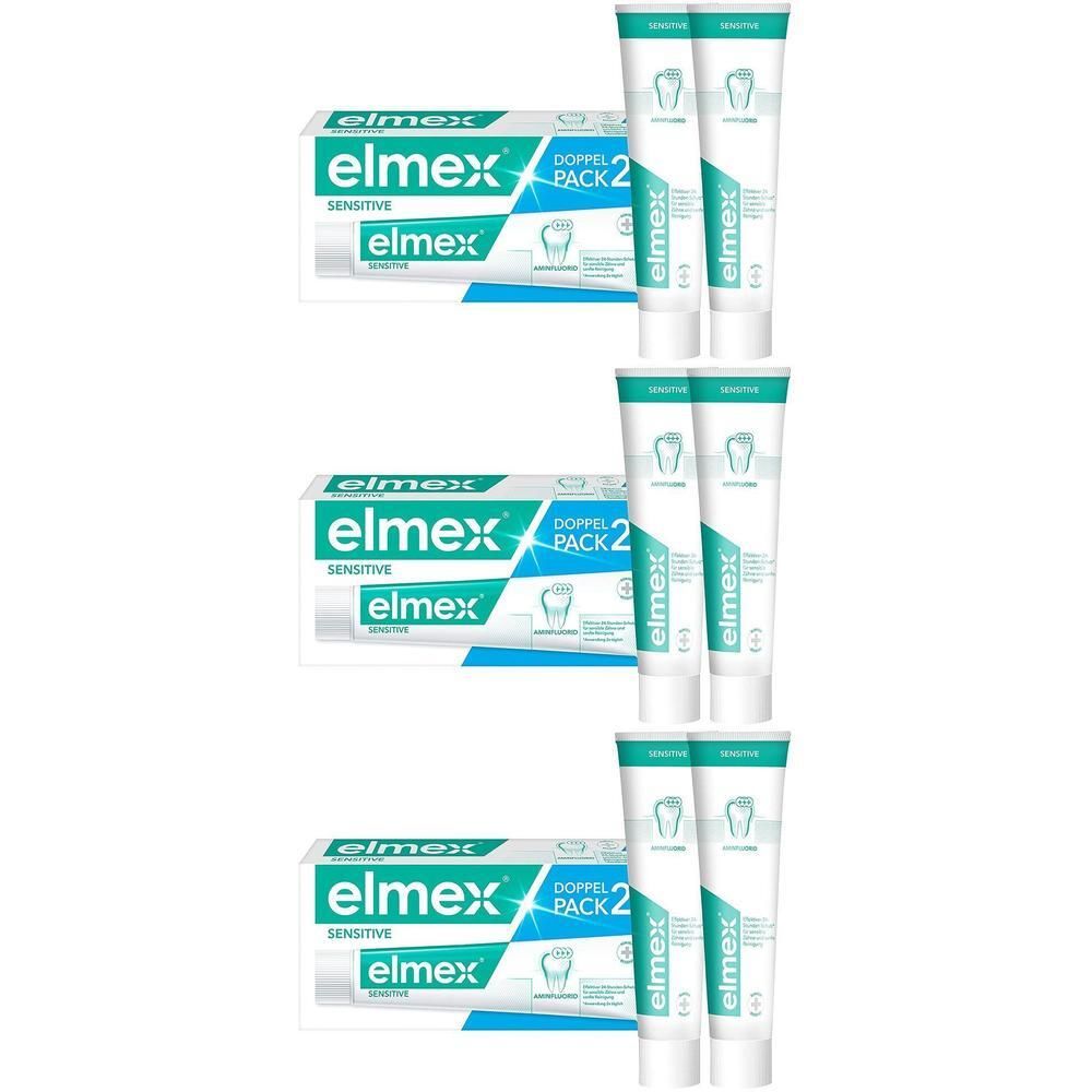 Drei Packungen Elmex Sensitive Zahnpasta, jede mit zwei Tuben.