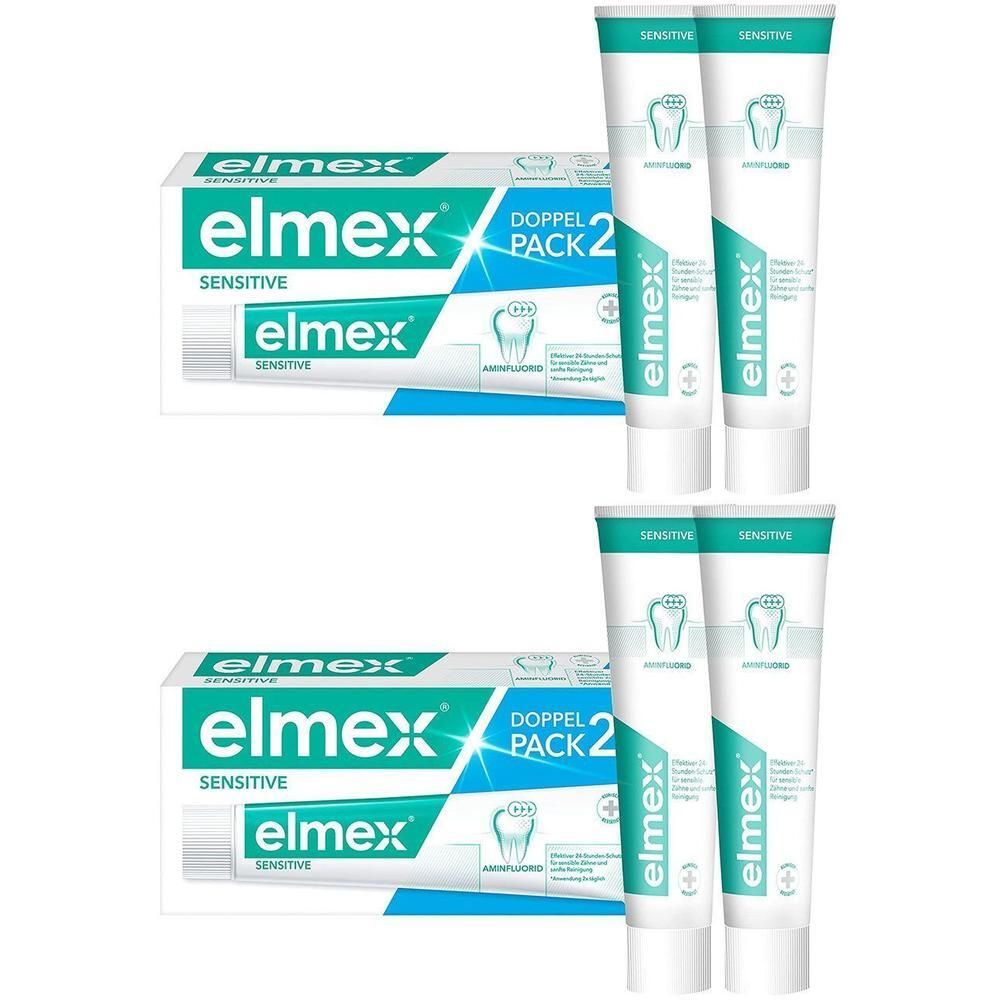 Zwei Doppelpackungen Elmex Sensitive Zahnpasta mit je zwei Tuben.
