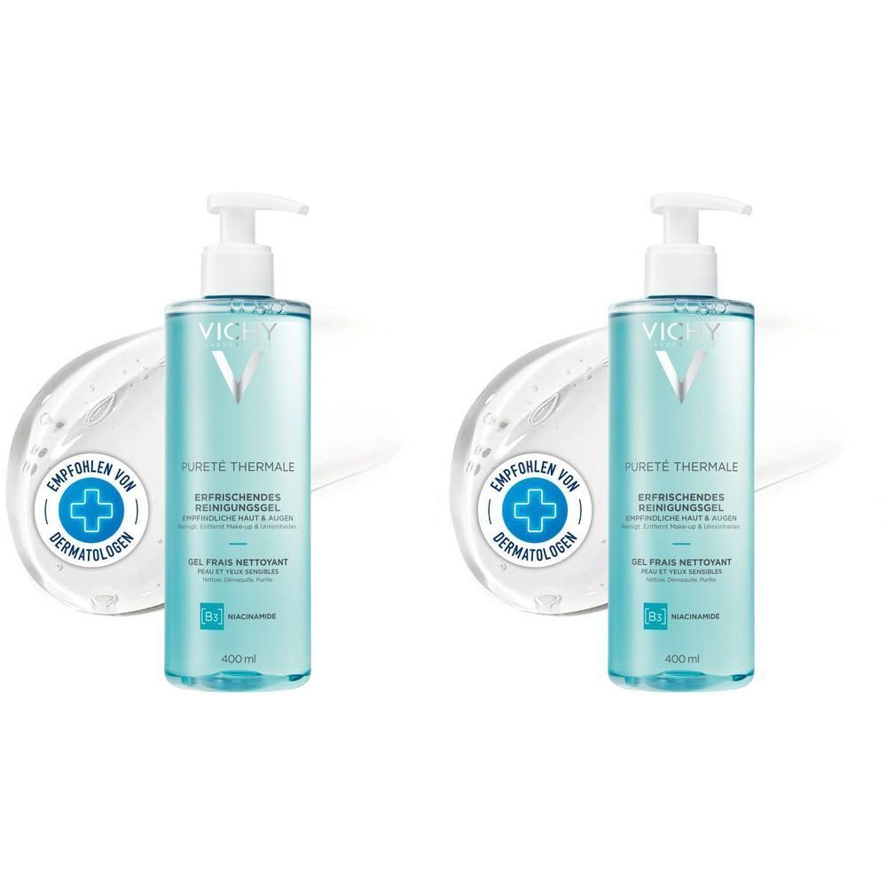 Zwei Flaschen Vichy Pureté Thermale Reinigungsgel mit Pumpspender, 400ml. Daneben ein Klecks Gel.