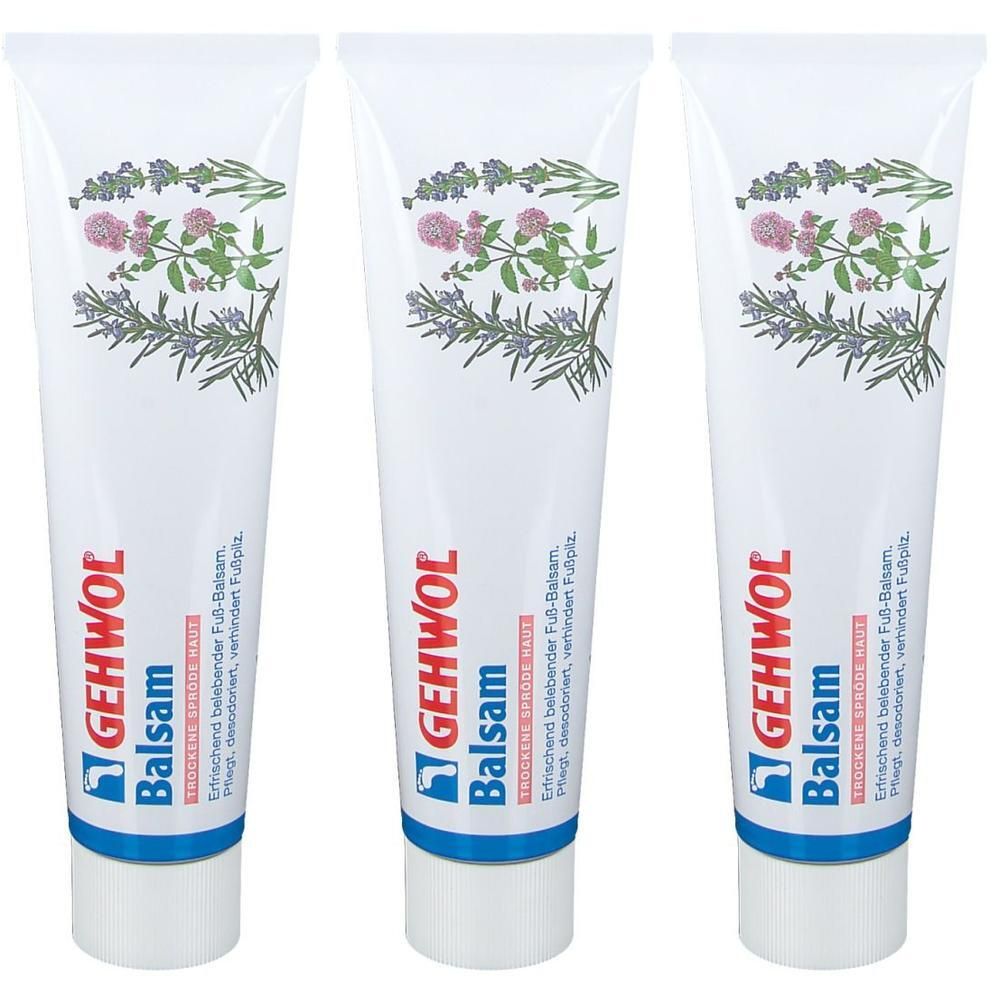 Drei GEHWOL Balsam Tuben mit Kräutermotiv. Erfrischend belebender Fuß-Balsam.
