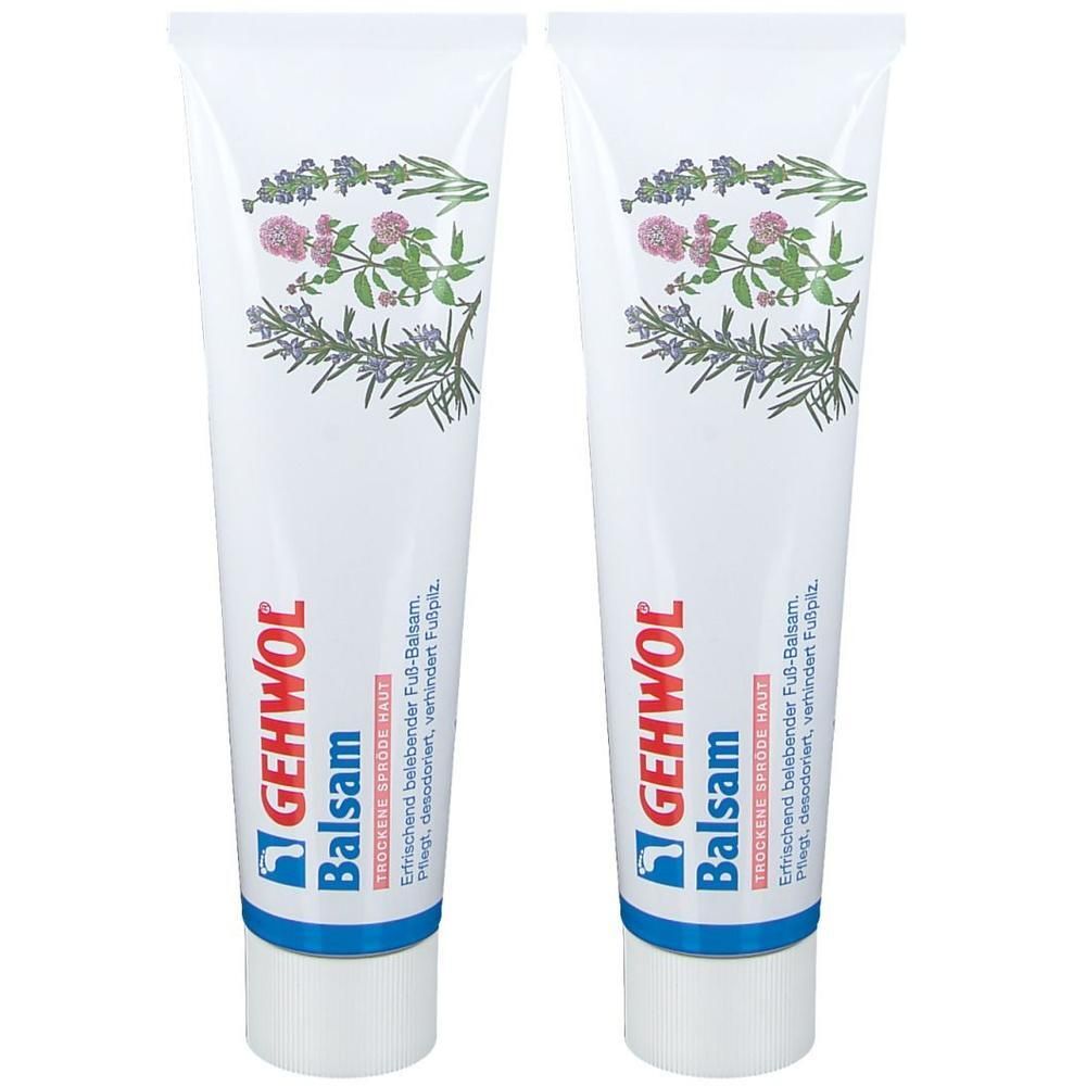 Zwei GEHWOL Balsam Tuben mit Kräuterabbildung. Erfrischend belebender Fuß-Balsam.
