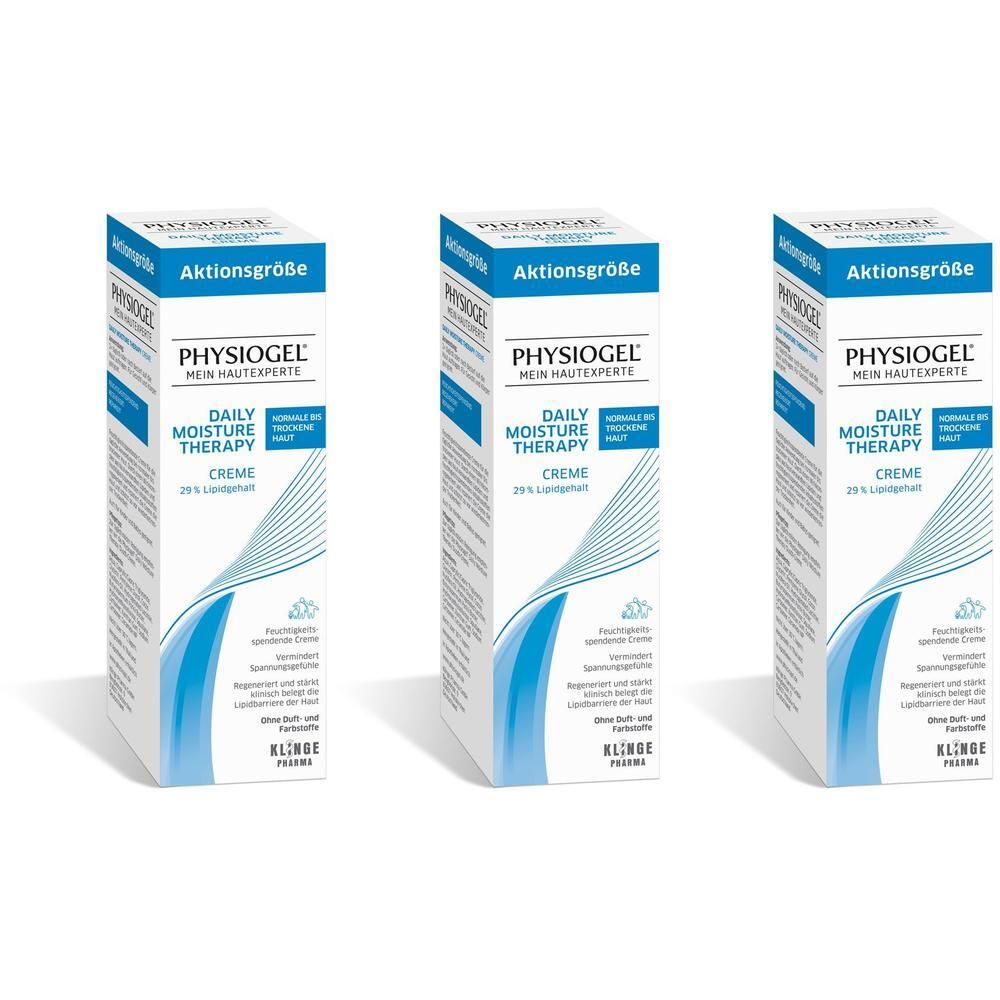 Drei Packungen PHYSIOGEL Daily Moisture Therapy Creme mit 25% Lipiden.