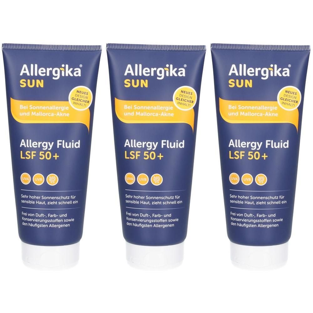 Drei Tuben Sonnenschutzfluid LSF 50+ von Allergika SUN. Für empfindliche Haut, beugt Sonnenallergie und Mallorca-Akne vor.