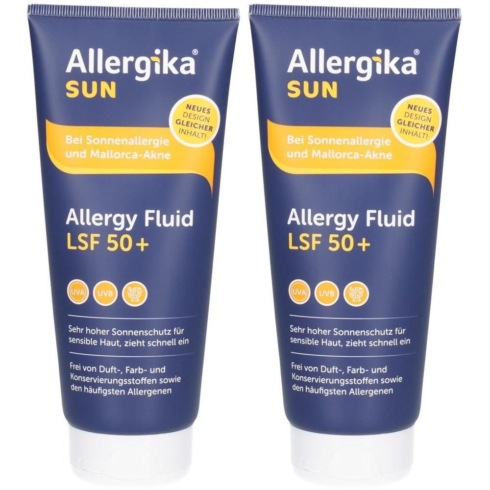 Zwei Tuben ALLERGIKA® SUN Allergy Fluid LSF 50+. Hoher Sonnenschutz für empfindliche Haut.