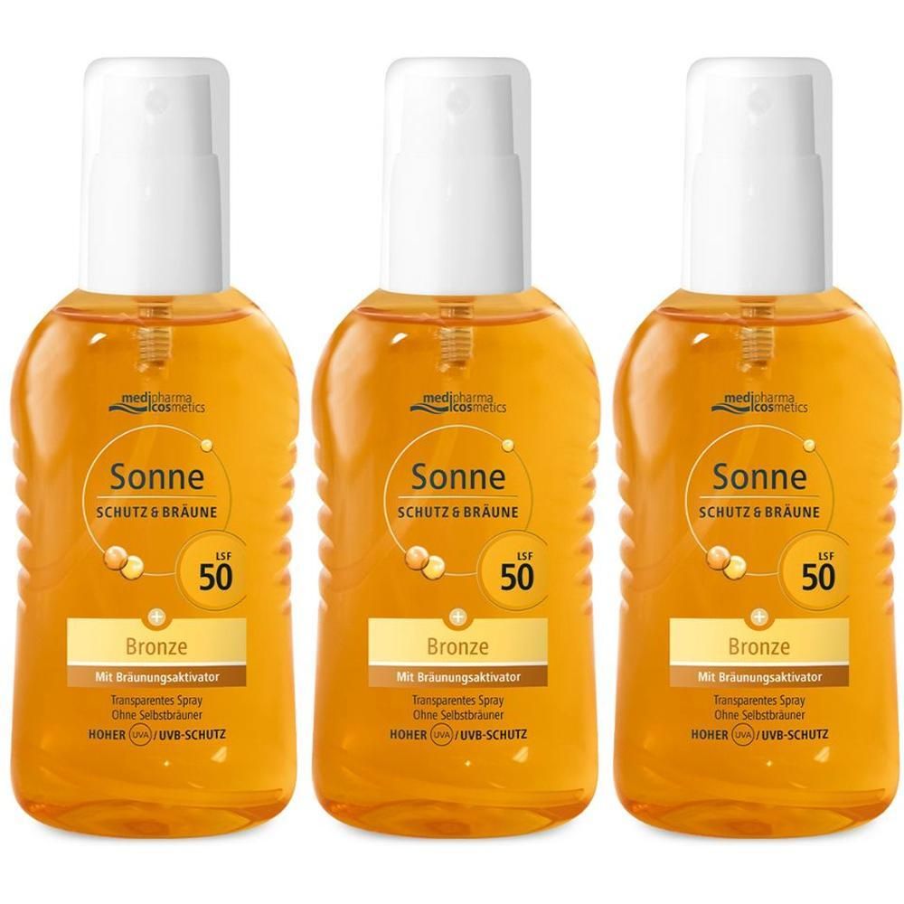 Drei Flaschen medipharma cosmetics Sonne Schutz & Bräune LSF 50 Bronze Transparentes Spray.