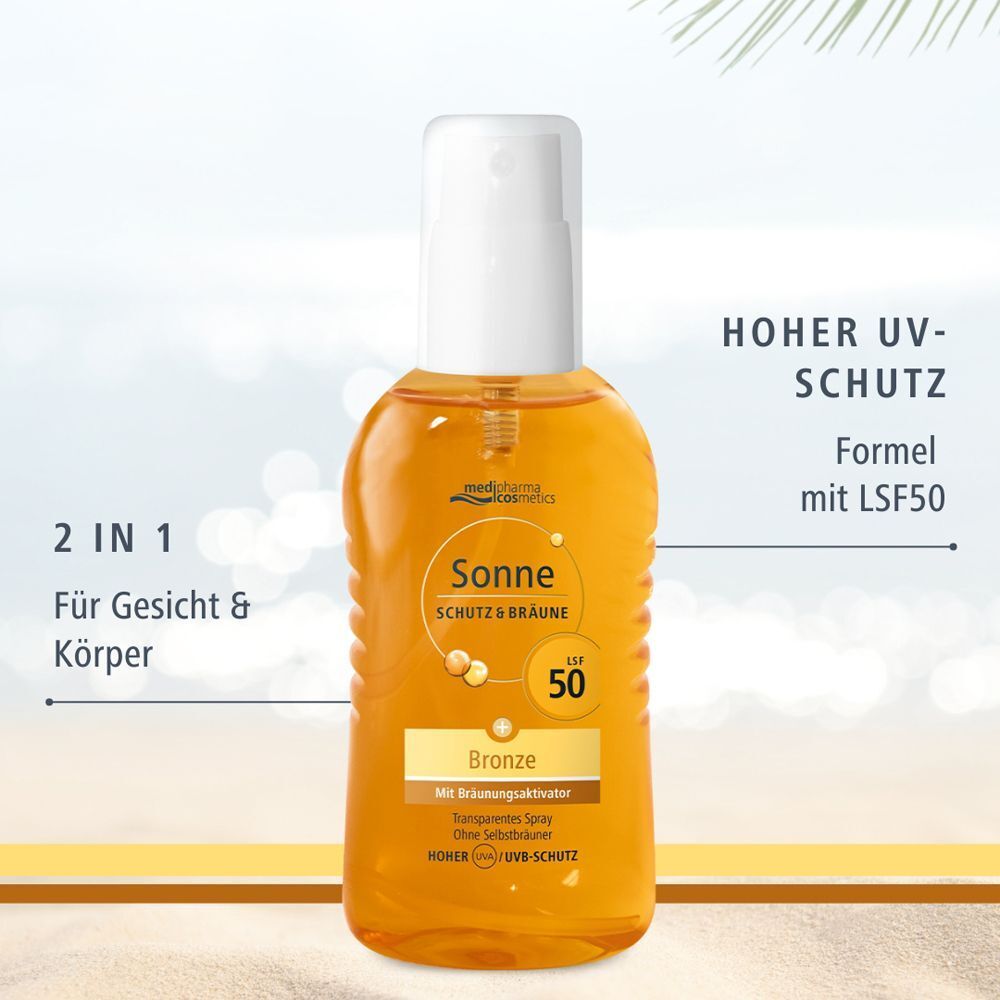 medipharma cosmetics Sonne Schutz & Bräune LSF 50 Bronze Spray für Gesicht & Körper.