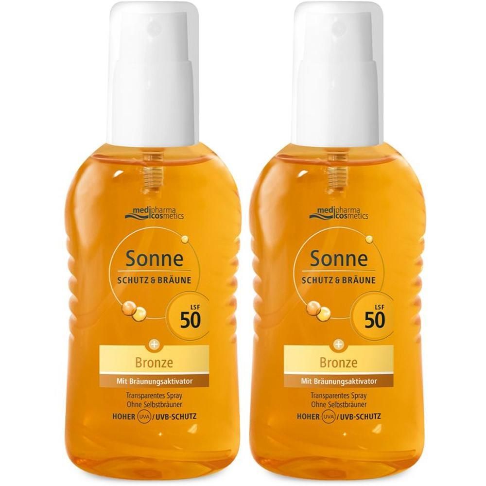 Zwei Flaschen medipharma cosmetics Sonne Schutz & Bräune LSF 50 Transparentes Spray.