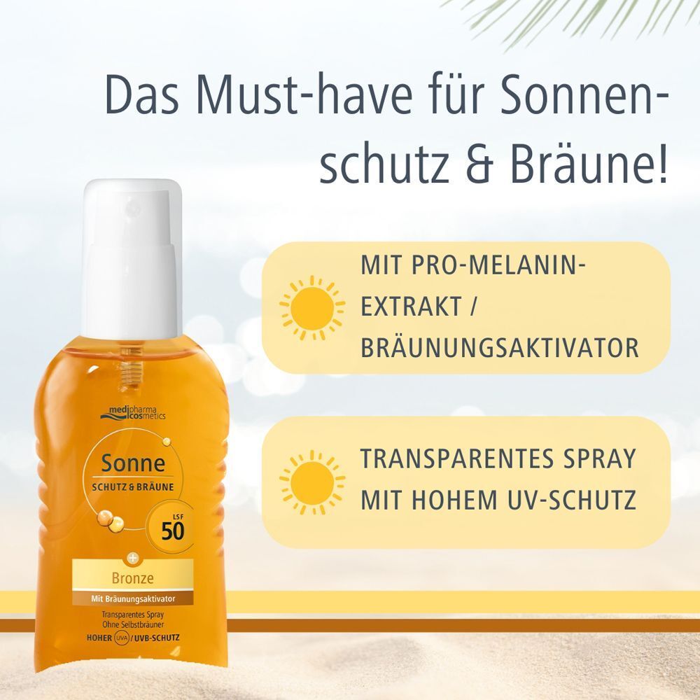 Medipharma cosmetics Sonne Schutz & Bräune LSF 50: Must-have mit Pro-Melanin-Extrakt, transparentes Spray.