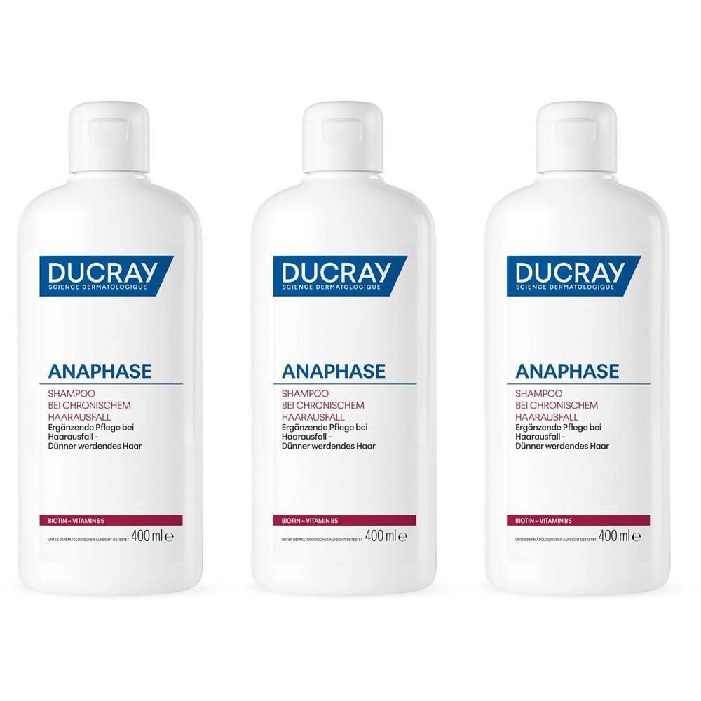 Drei weiße Flaschen Ducray Anaphase Shampoo (400ml) bei chronischem Haarausfall.