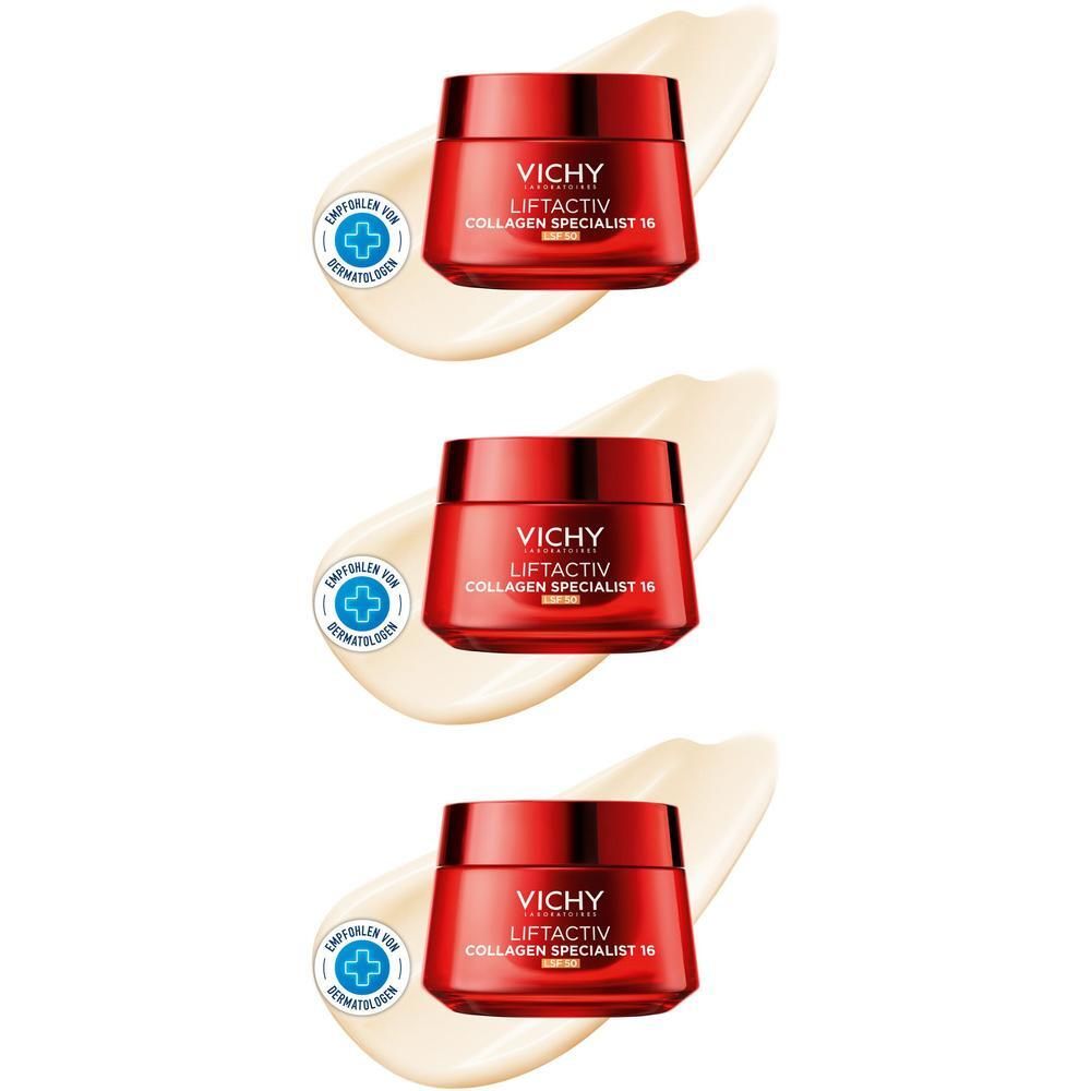 Drei Vichy Liftactiv Collagen Specialist 16 LSF50 Cremetiegel mit einer Probe der Creme.