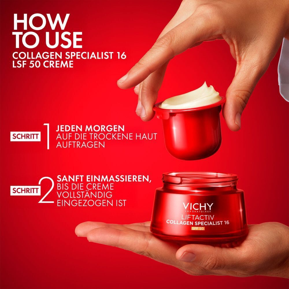 Anwendung: Vichy Liftactiv Collagen Specialist 16 LSF50 morgens auf trockene Haut auftragen.