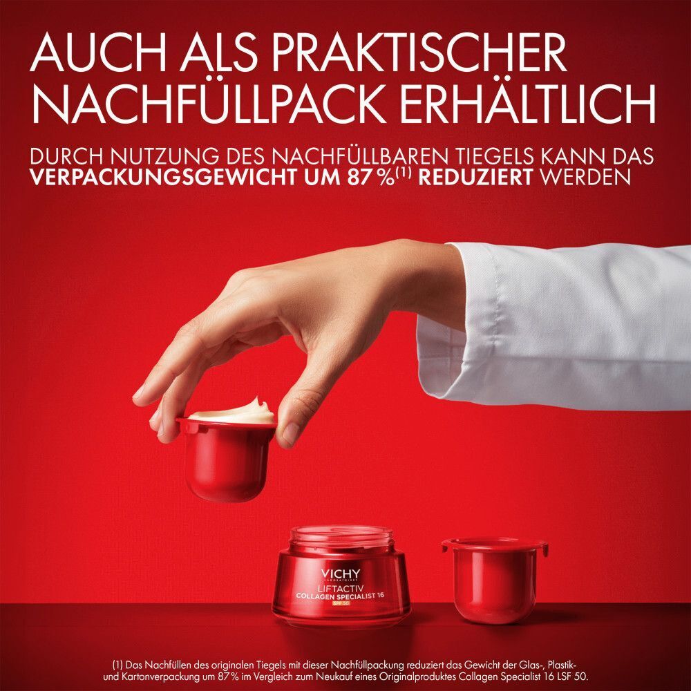 Vichy Liftactiv Collagen Specialist 16 LSF50 als Nachfüllpack erhältlich. Reduziert Verpackungsgewicht.
