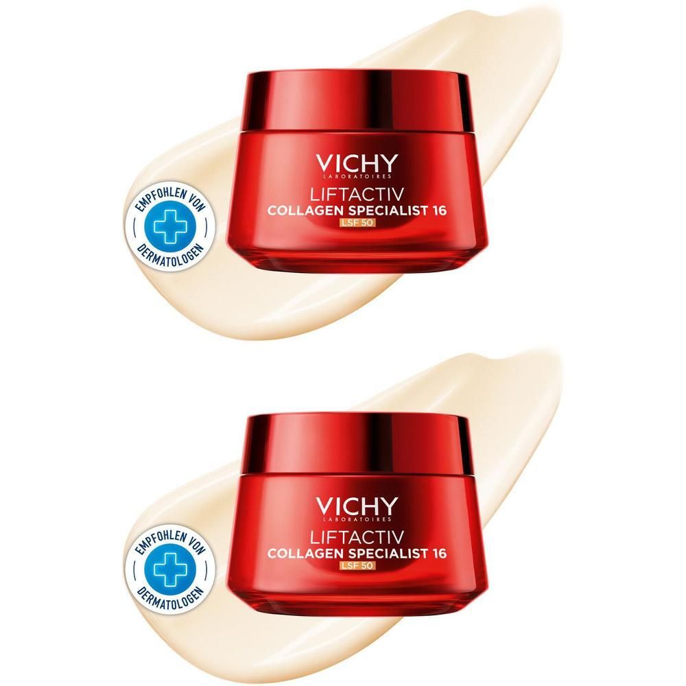 Zwei Vichy Liftactiv Collagen Specialist 16 LSF 50 Tiegel mit einer Creme-Spur.