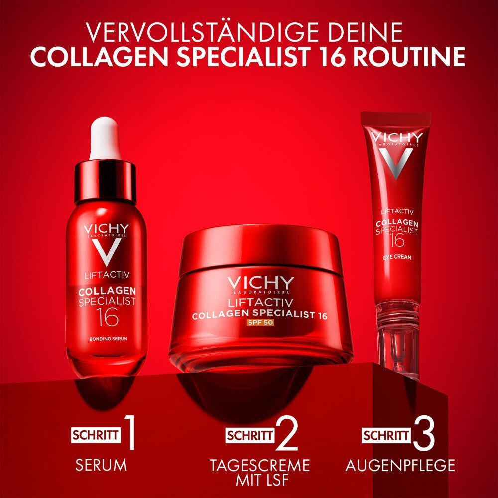 Vichy Liftactiv Collagen Specialist 16 Routine: Serum, Tagescreme, Augenpflege.