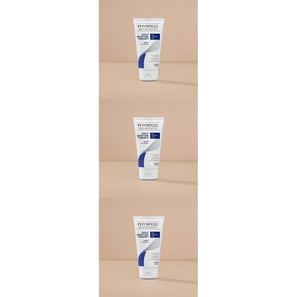 Drei weiße Tuben PHYSIogel Daily Moisture Therapy Creme auf hellem Hintergrund.