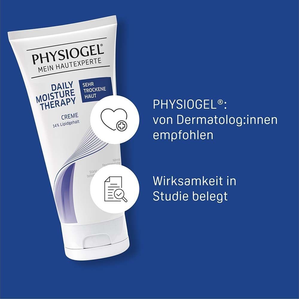 Tubo di PHYSIOGEL Daily Moisture Therapy Creme mit Symbolen für Dermatologenempfehlung und Studien.