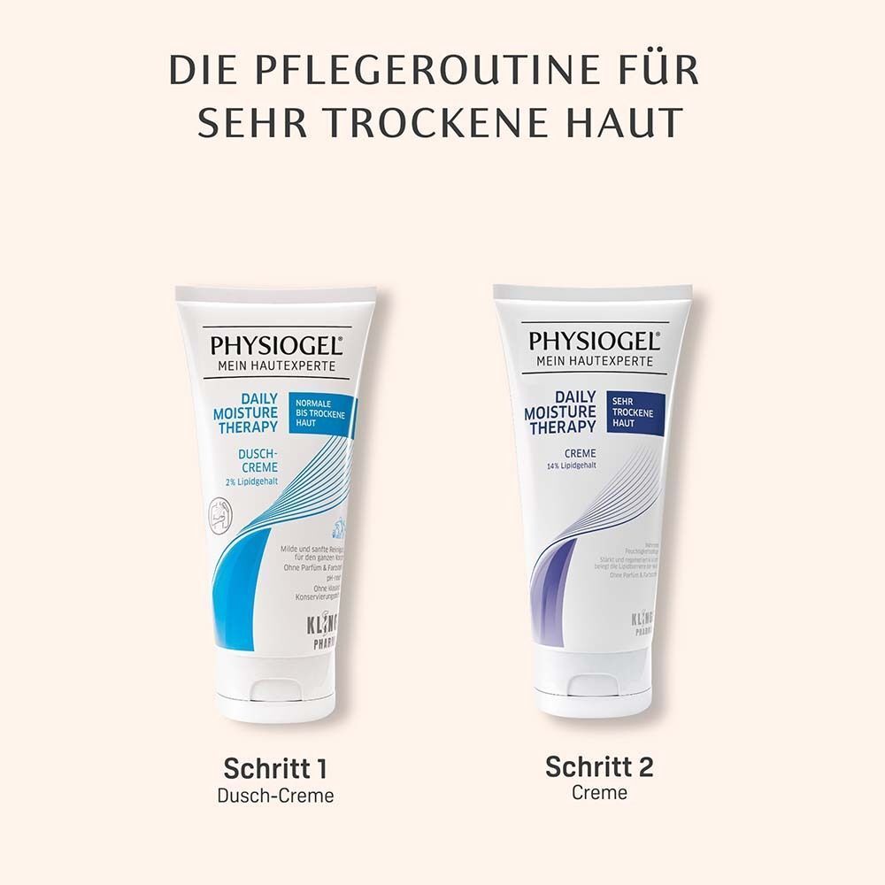Zwei Tuben PHYSIogel: Dusch-Creme und Creme, als Pflegeroutine für sehr trockene Haut.