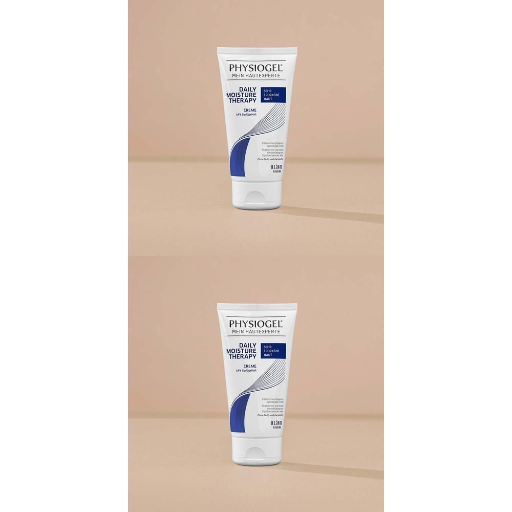 Zwei weiße Tuben PHYSIogel Daily Moisture Therapy Creme auf hellem Hintergrund.