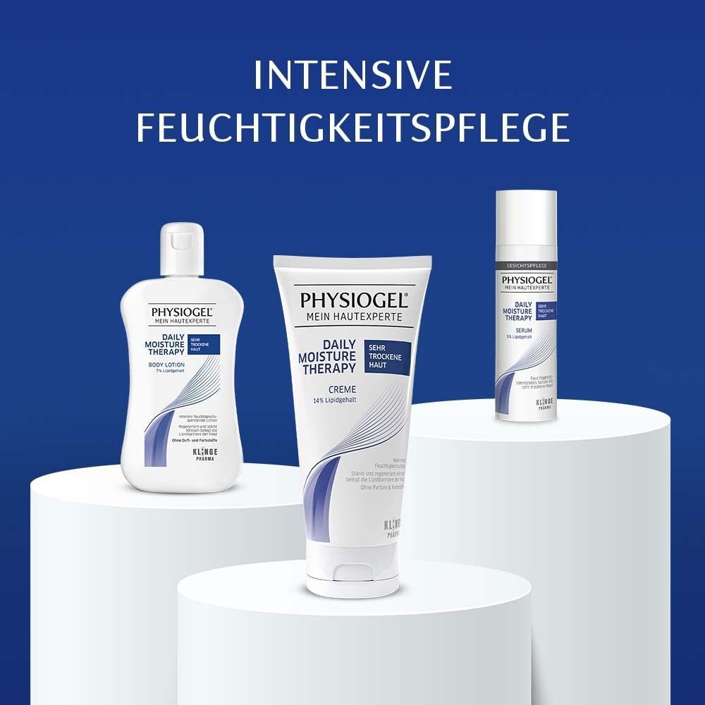 Drei PHYSIogel Produkte: Lotion, Creme und Serum für intensive Feuchtigkeitspflege.