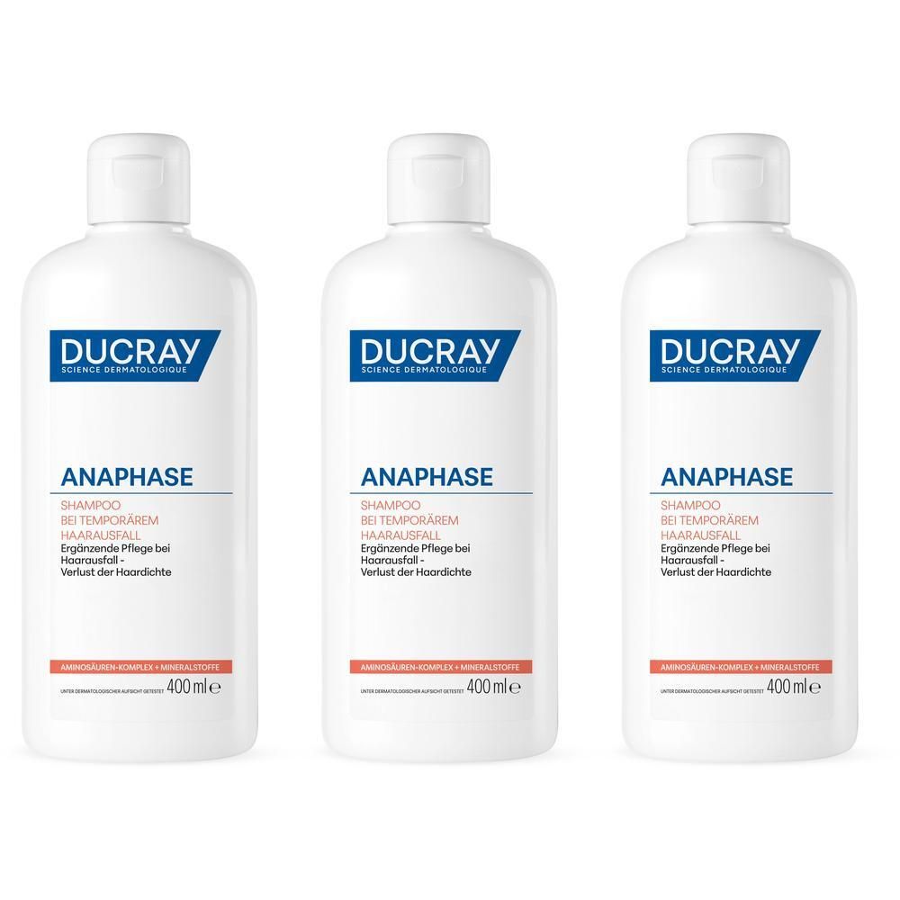 Drei weiße Flaschen Ducray Anaphase Shampoo, 400ml.