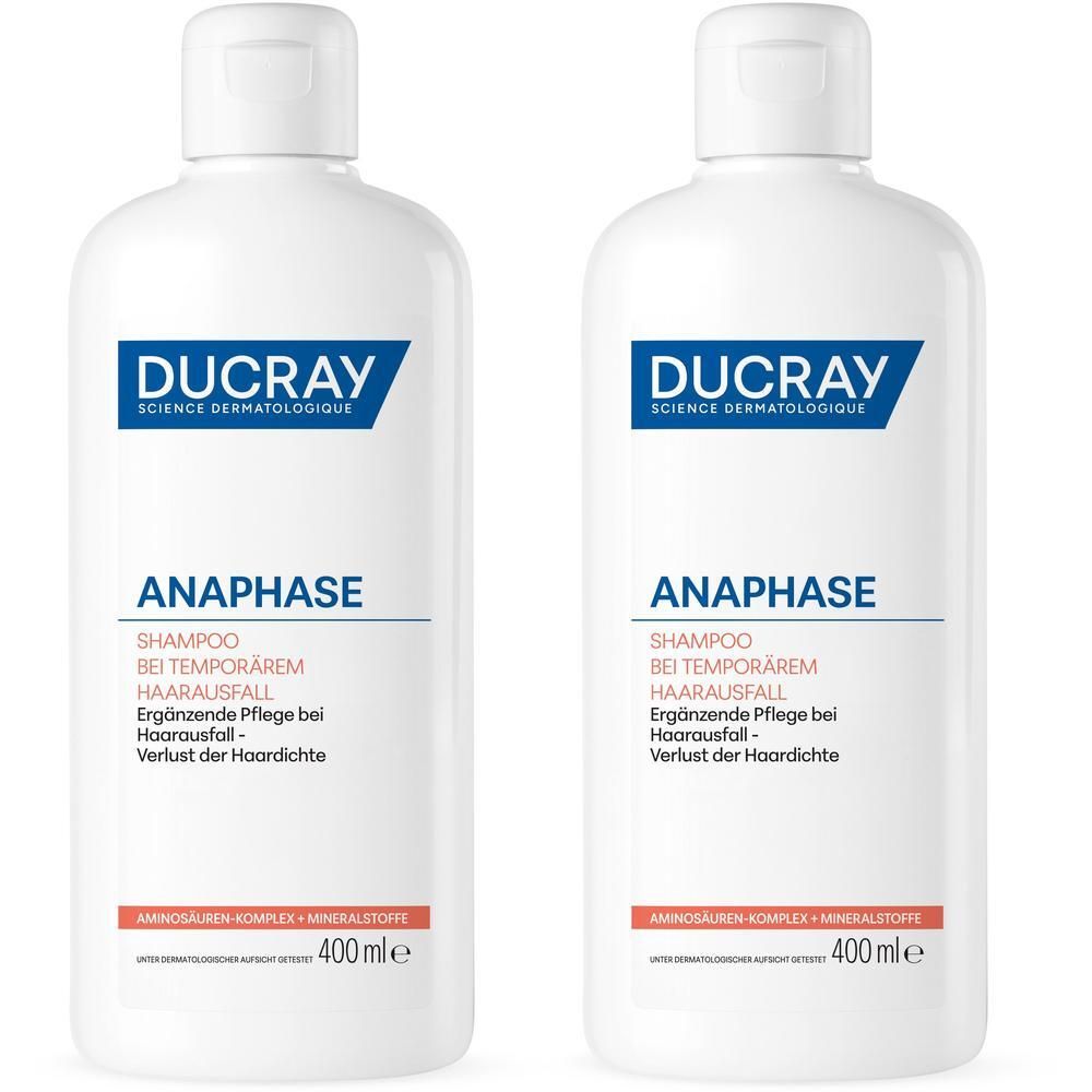 Zwei weiße Flaschen Ducray Anaphase Shampoo, 400ml.