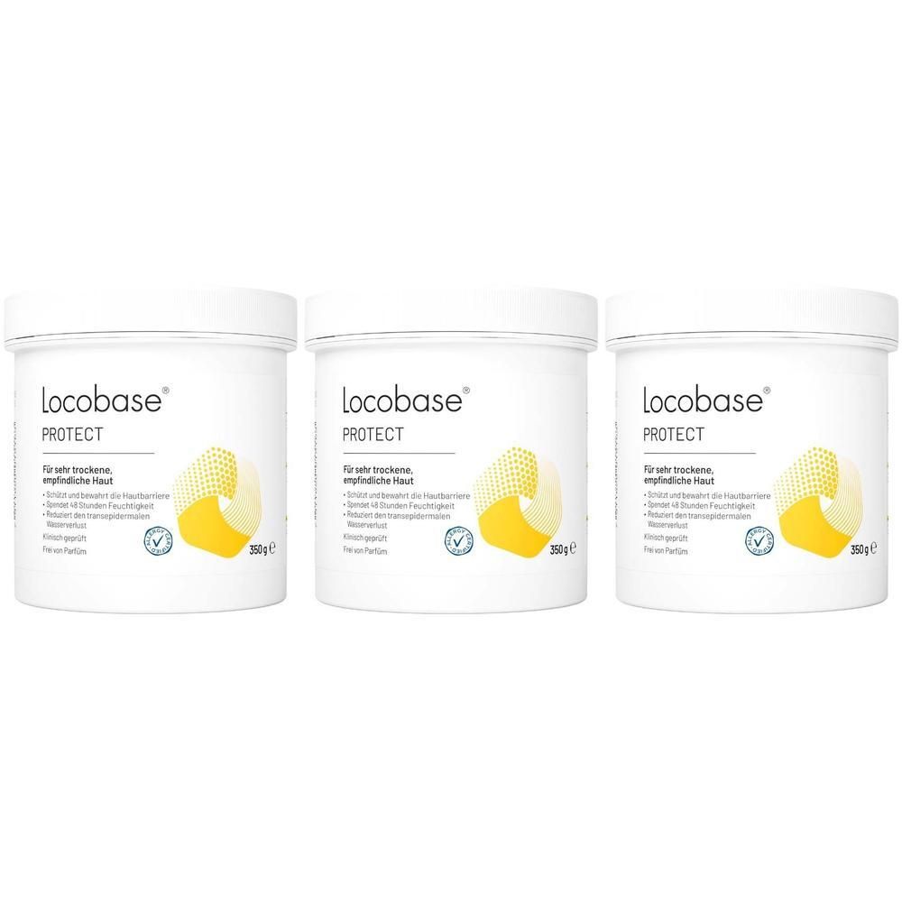 Drei weiße Tiegel Locobase Protect Intensiv-Pflegecreme mit gelben Akzenten auf dem Etikett.