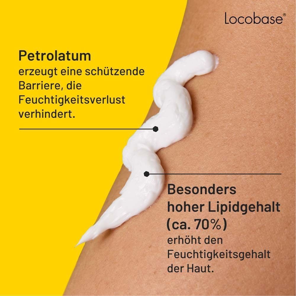 Creme Locobase Protect wird auf die Haut aufgetragen, mit Text über Petrolatum und Lipidanteil.