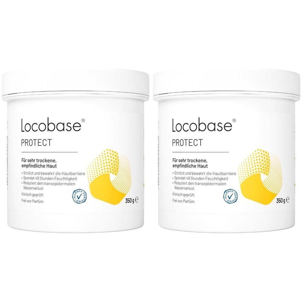 Zwei Tiegel Locobase Protect Intensiv-Pflegecreme für sehr trockene Haut.
