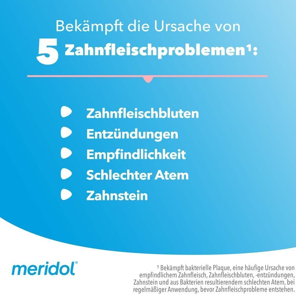 Liste von 5 Zahnfleischproblemen, die meridol bekämpft: Zahnfleischbluten, Entzündungen, Empfindlichkeit, schlechter Atem, Zahnstein.