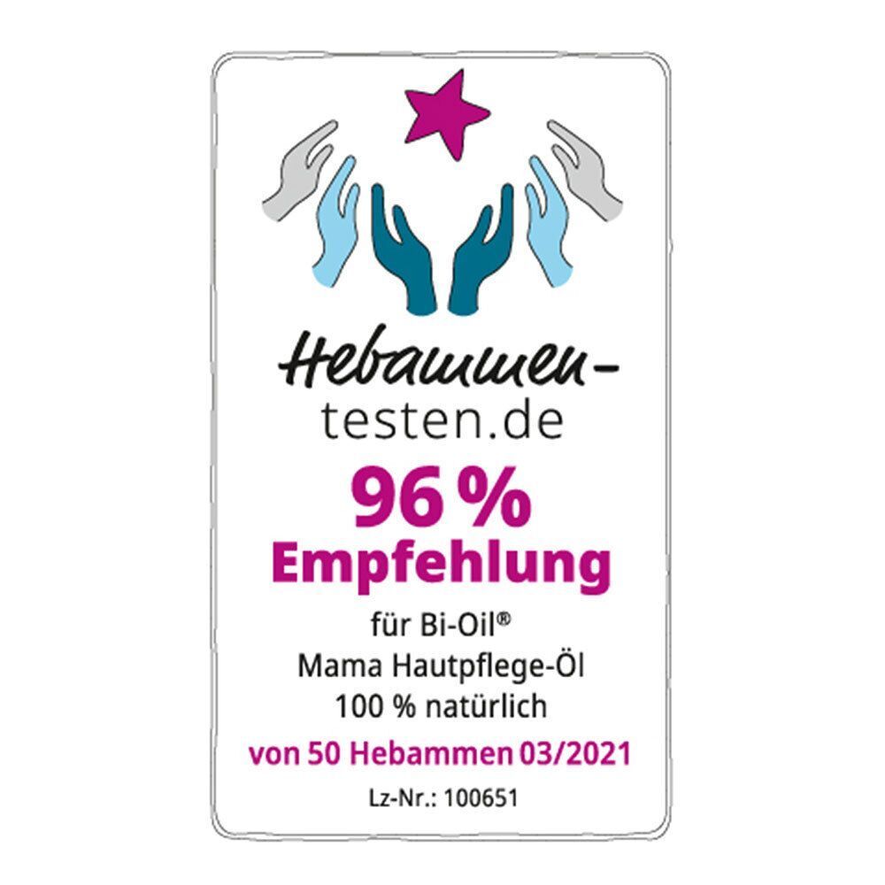 Zertifikat: 96% Empfehlung für Bi-Oil Mama Hautpflege-Öl von 50 Hebammen.