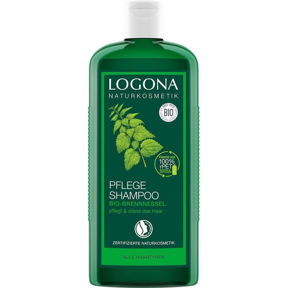 Grüne Flasche LOGONA Naturkosmetik Pflege Shampoo Bio-Brennnessel mit Brennnessel-Illustration und Bio-Siegel.