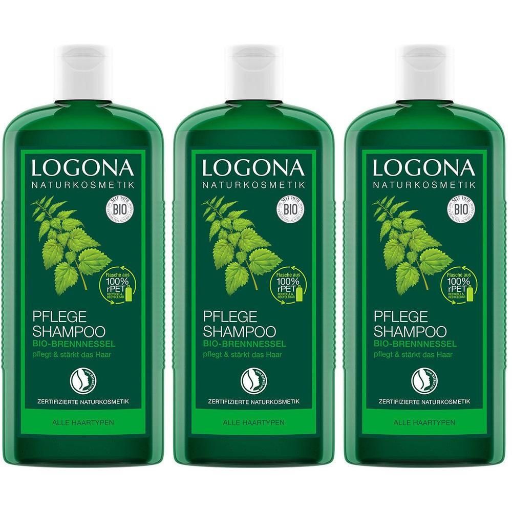 Drei grüne Flaschen LOGONA Naturkosmetik Pflege Shampoo Bio-Brennnessel mit Brennnessel-Motiv und Bio-Siegel.