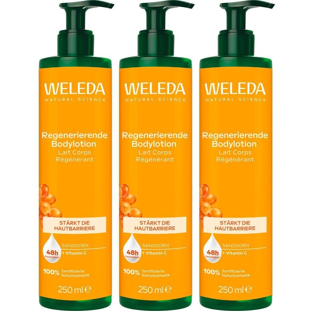 Drei Flaschen Weleda Regenerierende Bodylotion mit Sanddorn, 250 ml.