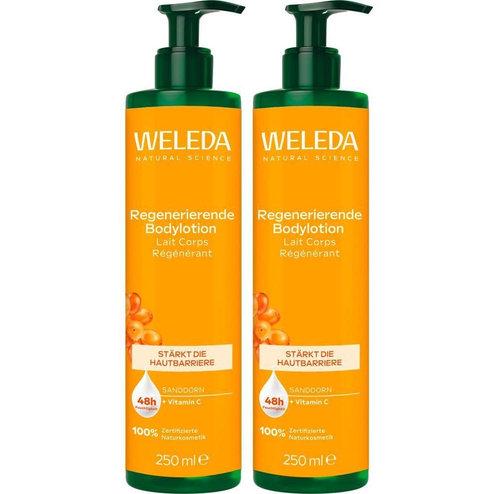 Zwei Flaschen Weleda Regenerierende Bodylotion mit Pumpspender, 250 ml.