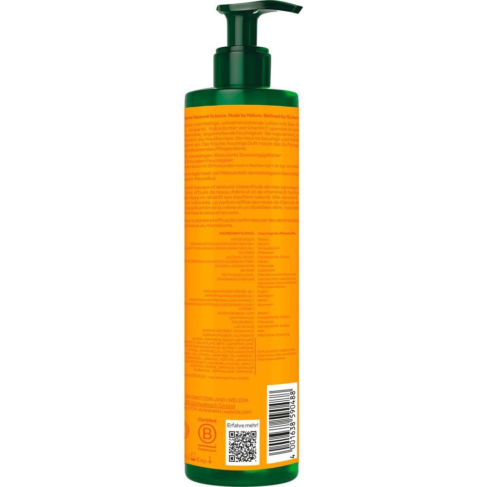 Rückseite einer Flasche Weleda Regenerierende Bodylotion mit Inhaltsstoffen und Siegeln.
