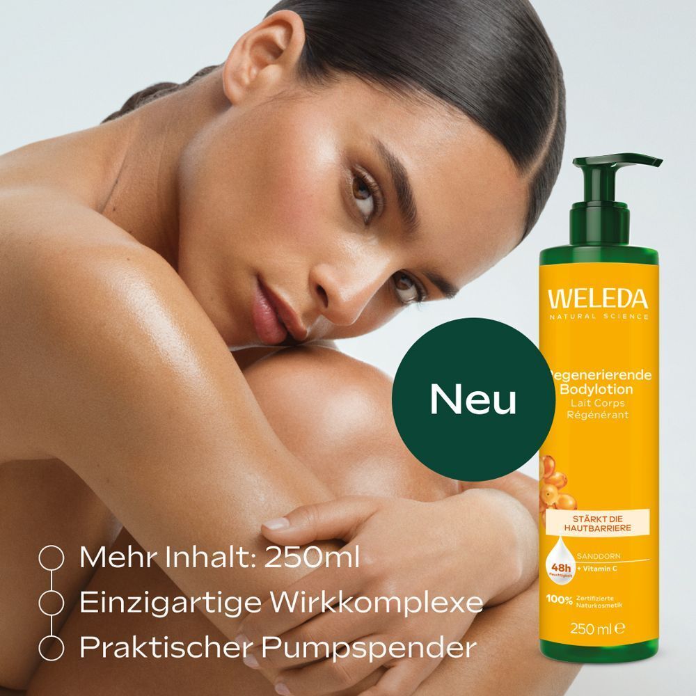 Frau mit Weleda Regenerierende Bodylotion, 250 ml, neu, mit Pumpspender.