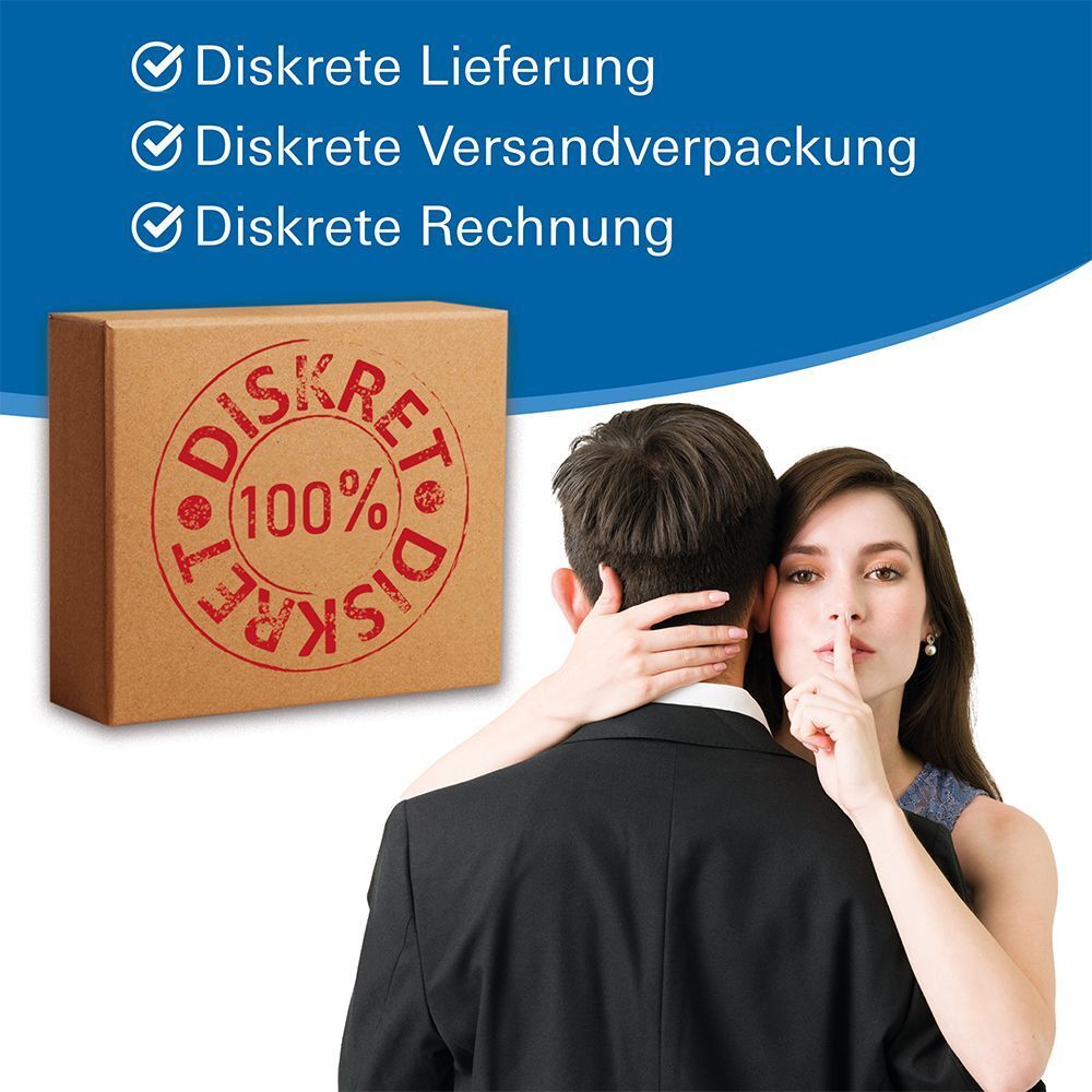 Ein Paar, eine Frau deutet Schweigen an, eine Kiste mit "Diskret"-Stempel.