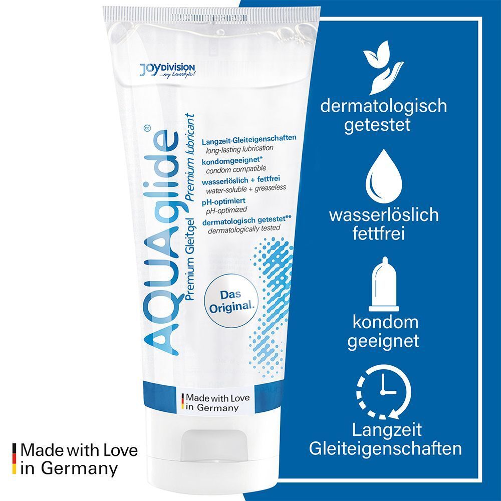 Eine Flasche AQUAGLIDE Premium Gleitgel mit detaillierten Produktinformationen und Icons.