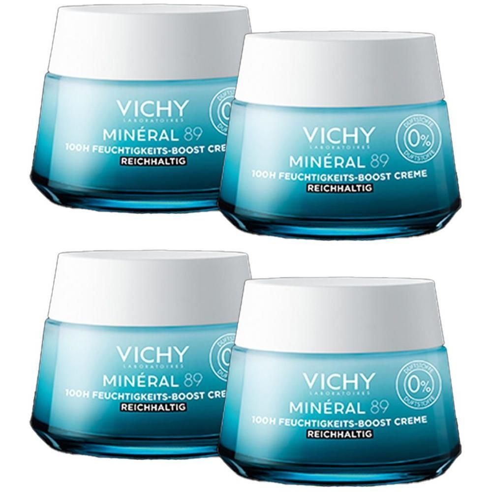 Vier Vichy Minéral 89 Cremetiegel mit blauem Glas und weißem Deckel. Text: 100H Feuchtigkeits-Boost Creme Reichhaltig.