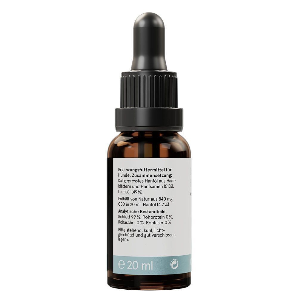 Braune Glasflasche mit Pipettenverschluss, 20 ml. Enthält Hanföl für Hunde mit 4,2% CBD.